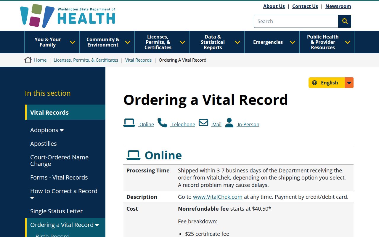 Spanaway public records vital certificate ordering choices